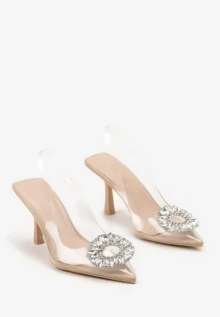 Beżowe Transparentne Sandały Sling-Back z Odkrytą Piętą i Klamrą z Cyrkonii Faradni