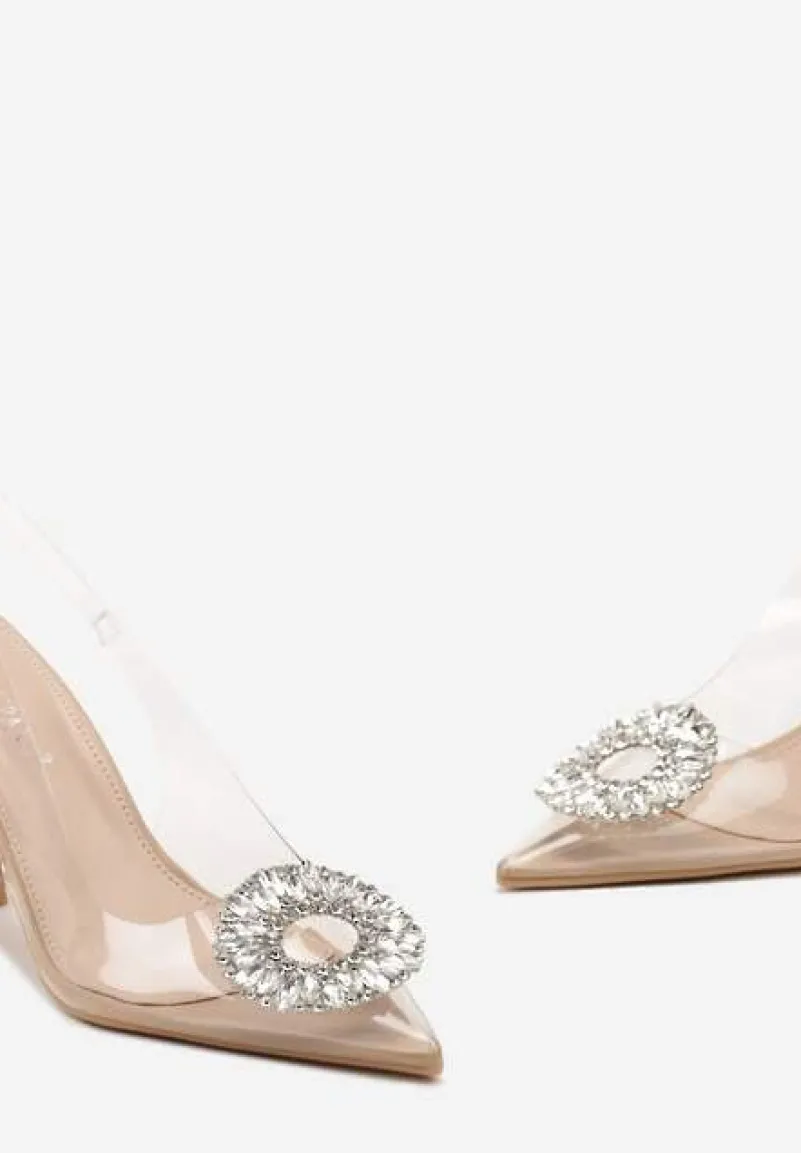 Beżowe Transparentne Sandały Sling-Back z Odkrytą Piętą i Klamrą z Cyrkonii Faradni