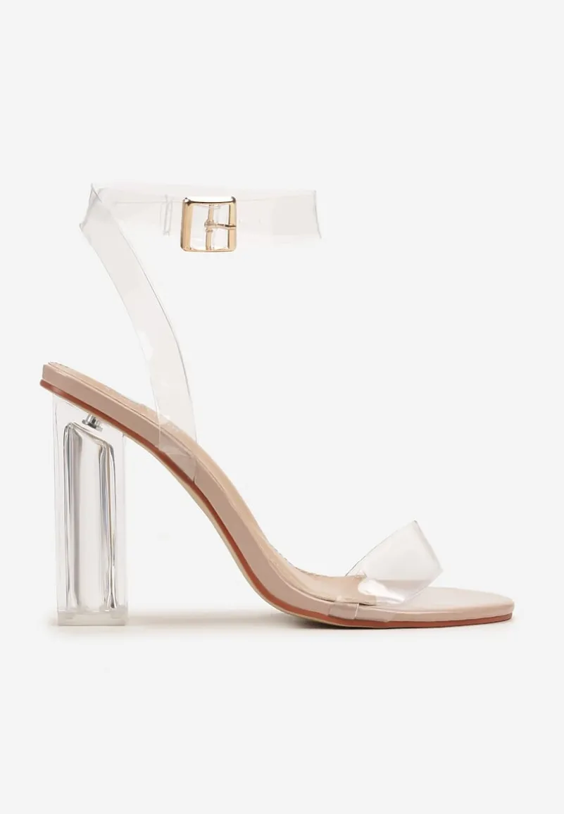 Beżowe Transparentne Sandały na Słupku z Przeźroczystymi Paskami i Klamrą Eleriva