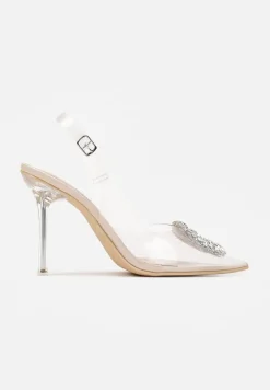 Beżowe Transparentne Sandały na Szpilce z Klamrą w Cyrkonie Luxuria