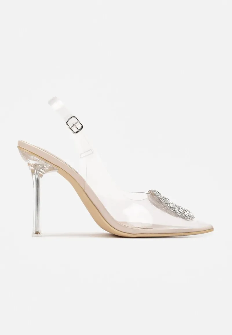 Beżowe Transparentne Sandały na Szpilce z Klamrą w Cyrkonie Luxuria