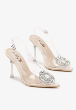 Beżowe Transparentne Sandały na Szpilce z Klamrą w Cyrkonie Luxuria