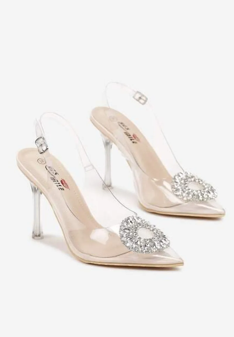 Beżowe Transparentne Sandały na Szpilce z Klamrą w Cyrkonie Luxuria