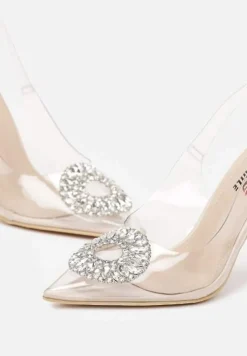 Beżowe Transparentne Sandały na Szpilce z Klamrą w Cyrkonie Luxuria
