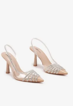 Beżowe Transparentne Sandały na Obcasie ze Szpiczastym Noskiem i Cyrkoniami Felissin