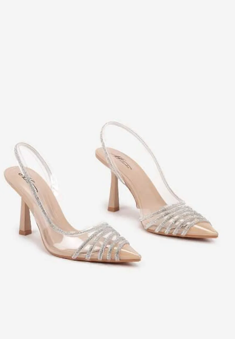 Beżowe Transparentne Sandały na Obcasie ze Szpiczastym Noskiem i Cyrkoniami Felissin