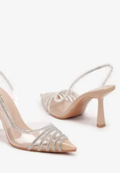 Beżowe Transparentne Sandały na Obcasie ze Szpiczastym Noskiem i Cyrkoniami Felissin