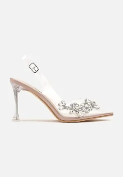 Beżowe Transparentne Sandały Szpilki Slingback Ozdobione Cyrkoniami Avelsemi