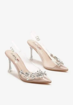 Beżowe Transparentne Sandały Szpilki Slingback Ozdobione Cyrkoniami Avelsemi