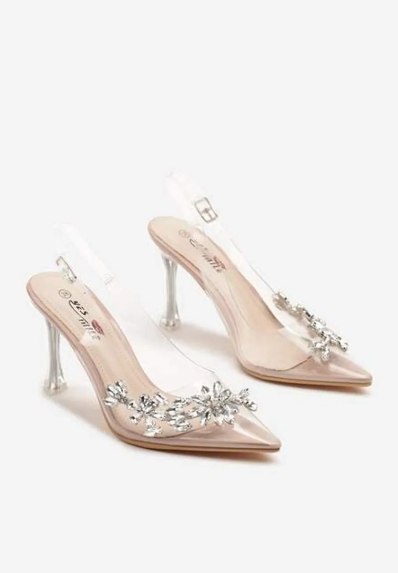 Beżowe Transparentne Sandały Szpilki Slingback Ozdobione Cyrkoniami Avelsemi