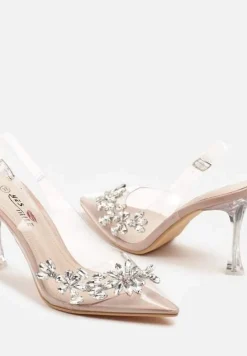 Beżowe Transparentne Sandały Szpilki Slingback Ozdobione Cyrkoniami Avelsemi