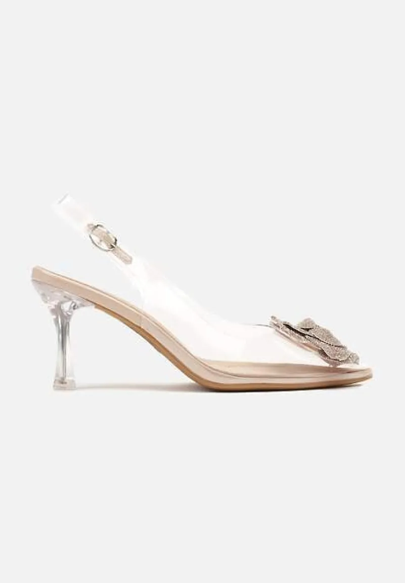 Beżowe Transparentne Sandały na Obcasie z Błyszczącym Kwiatkiem Alariva