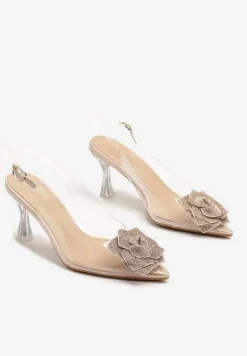 Beżowe Transparentne Sandały na Obcasie z Błyszczącym Kwiatkiem Alariva