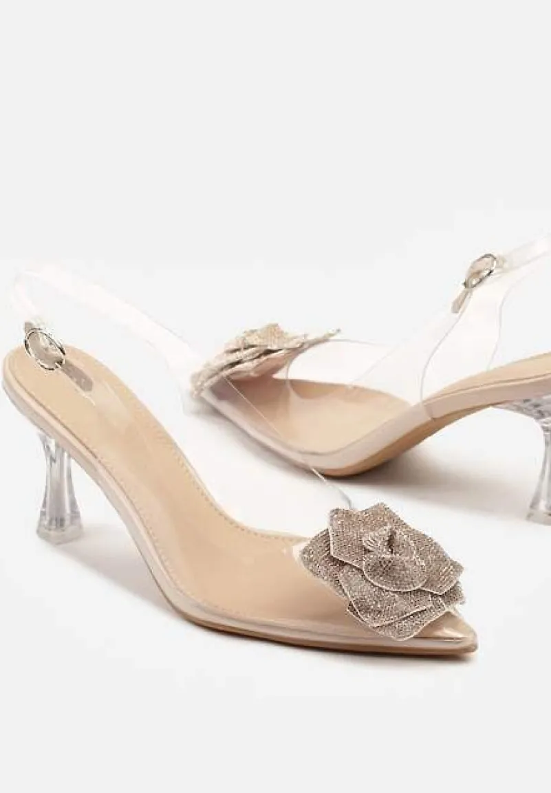 Beżowe Transparentne Sandały na Obcasie z Błyszczącym Kwiatkiem Alariva