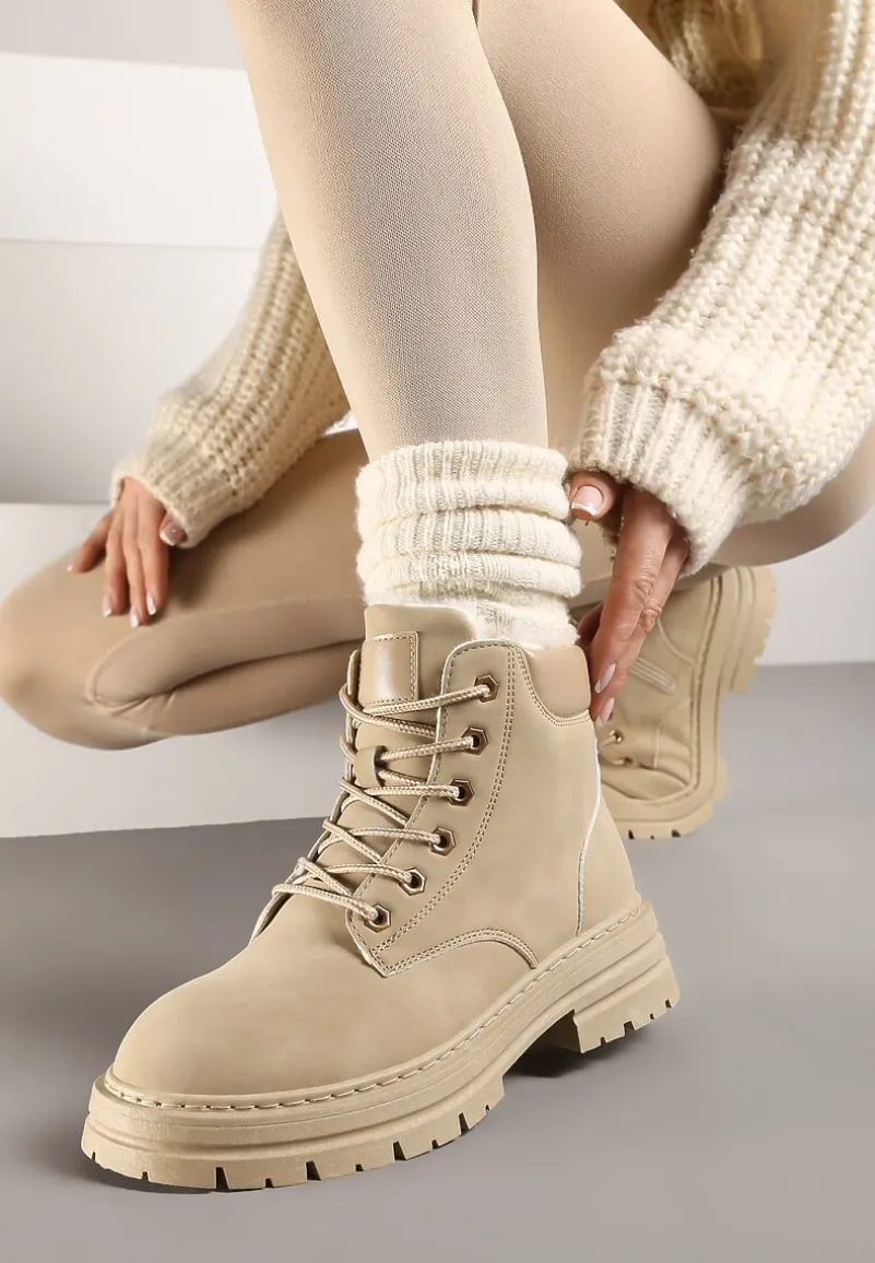 Beżowe Traperki Mocno Ocieplone Sztucznym Futerkiem Janeka