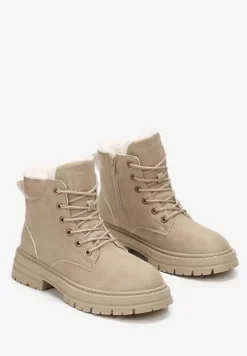 Beżowe Traperki Mocno Ocieplone Sztucznym Futerkiem Janeka