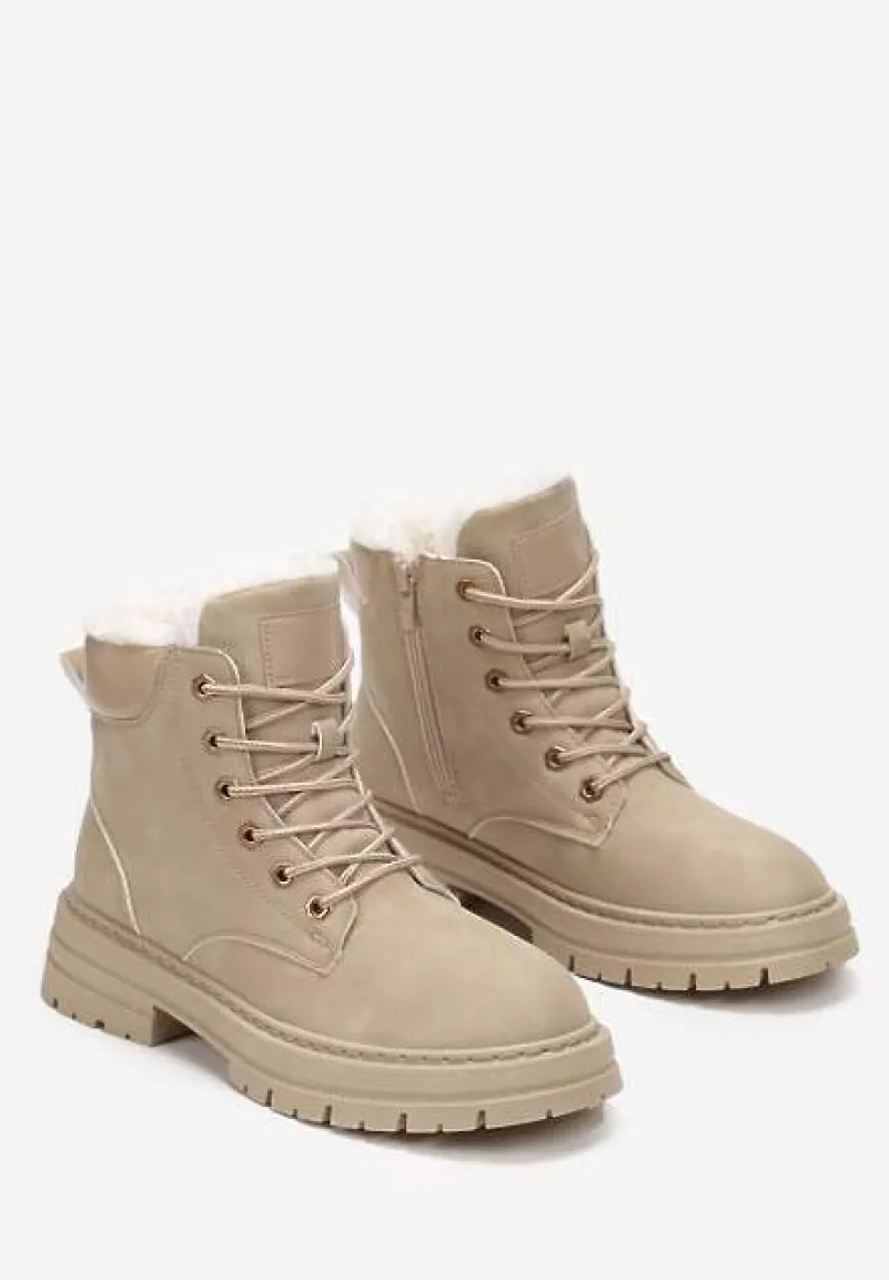 Beżowe Traperki Mocno Ocieplone Sztucznym Futerkiem Janeka