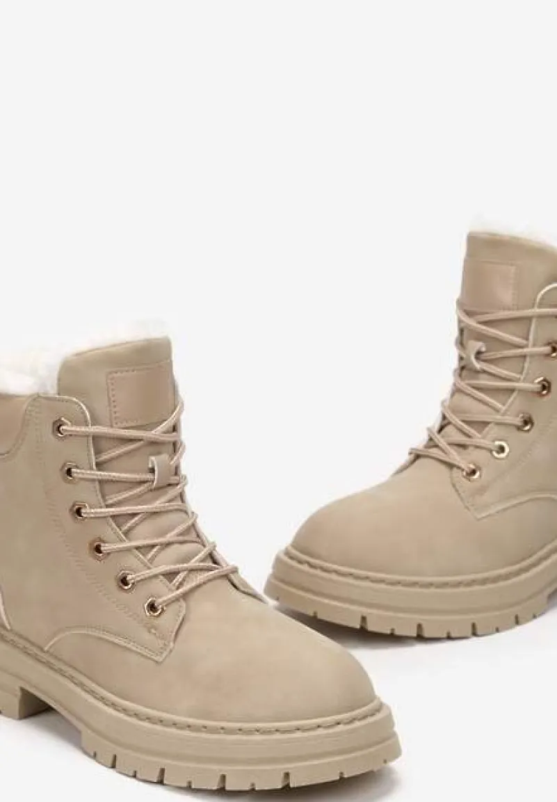 Beżowe Traperki Mocno Ocieplone Sztucznym Futerkiem Janeka