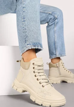 Beżowe Traperki na Grubej Podeszwie ze Żłobieniami Ocieplane Futrem Leannara