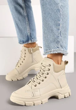 Beżowe Traperki na Grubej Podeszwie ze Żłobieniami Ocieplane Futrem Leannara