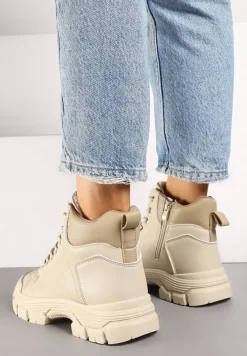 Beżowe Traperki na Grubej Podeszwie ze Żłobieniami Ocieplane Futrem Leannara