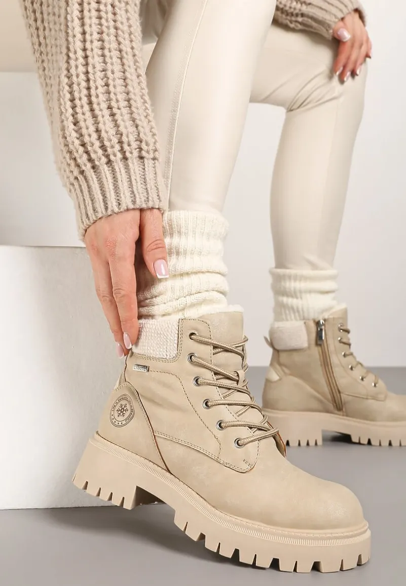 Beżowe Traperki na Grubej Podeszwie z Ozdobnym Sznurowaniem Norea