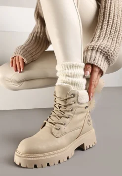 Beżowe Traperki na Grubej Podeszwie z Ozdobnym Sznurowaniem Norea