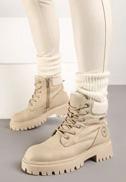Beżowe Traperki na Grubej Podeszwie z Ozdobnym Sznurowaniem Norea