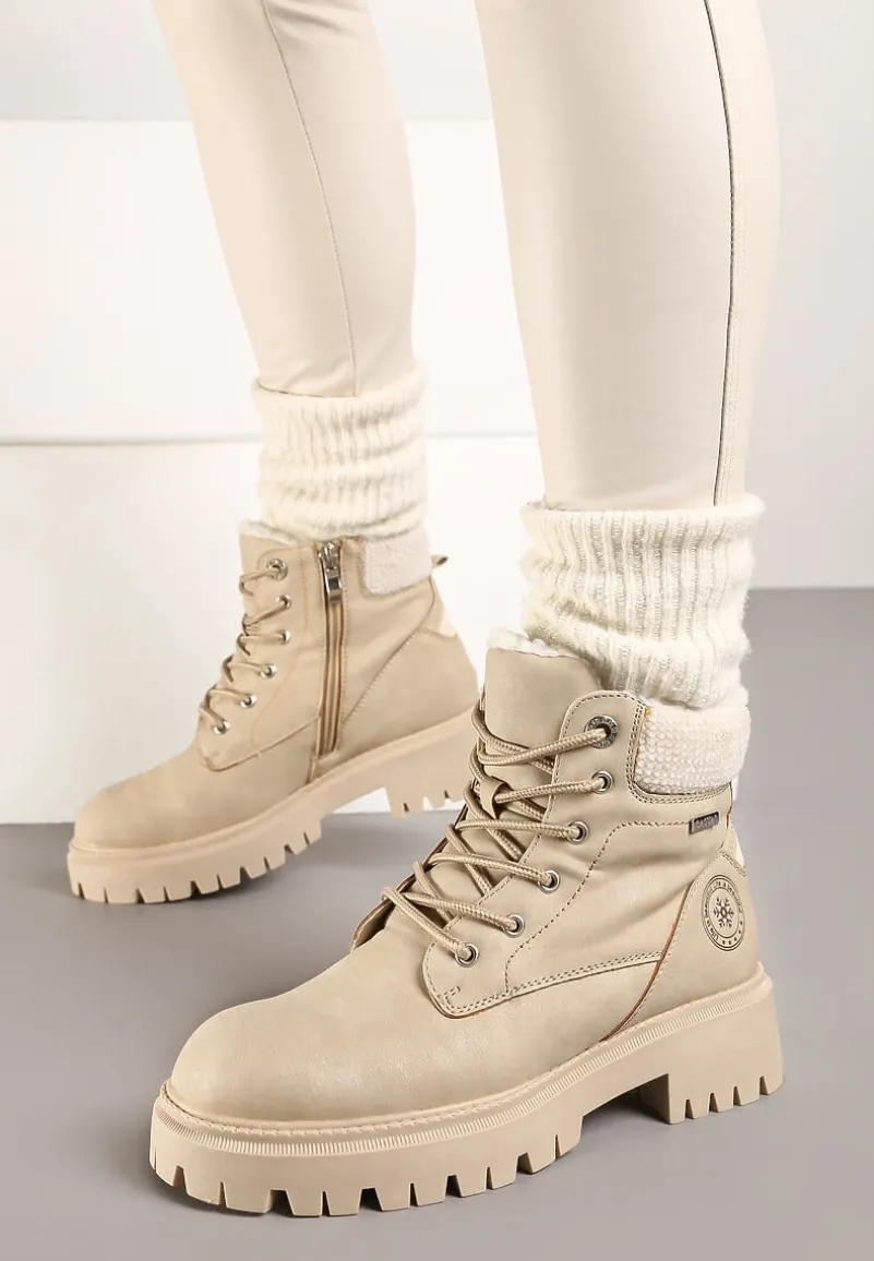 Beżowe Traperki na Grubej Podeszwie z Ozdobnym Sznurowaniem Norea