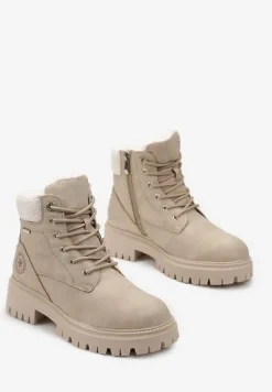 Beżowe Traperki na Grubej Podeszwie z Ozdobnym Sznurowaniem Norea
