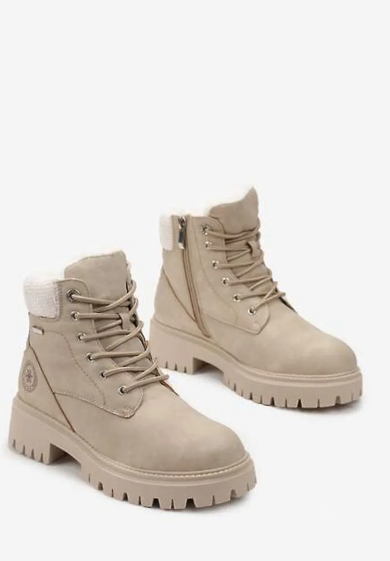 Beżowe Traperki na Grubej Podeszwie z Ozdobnym Sznurowaniem Norea