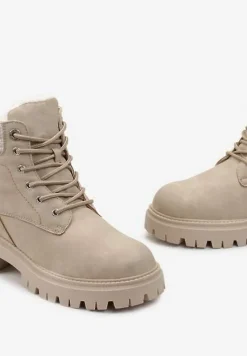 Beżowe Traperki na Grubej Podeszwie z Ozdobnym Sznurowaniem Norea