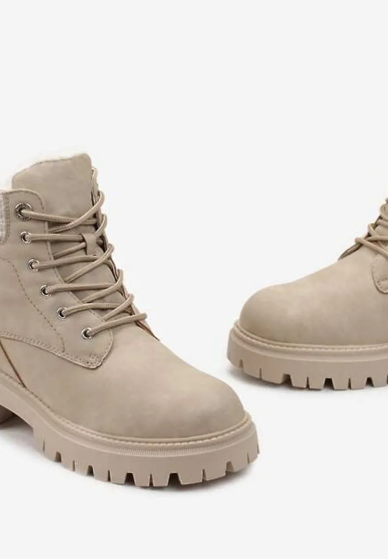 Beżowe Traperki na Grubej Podeszwie z Ozdobnym Sznurowaniem Norea