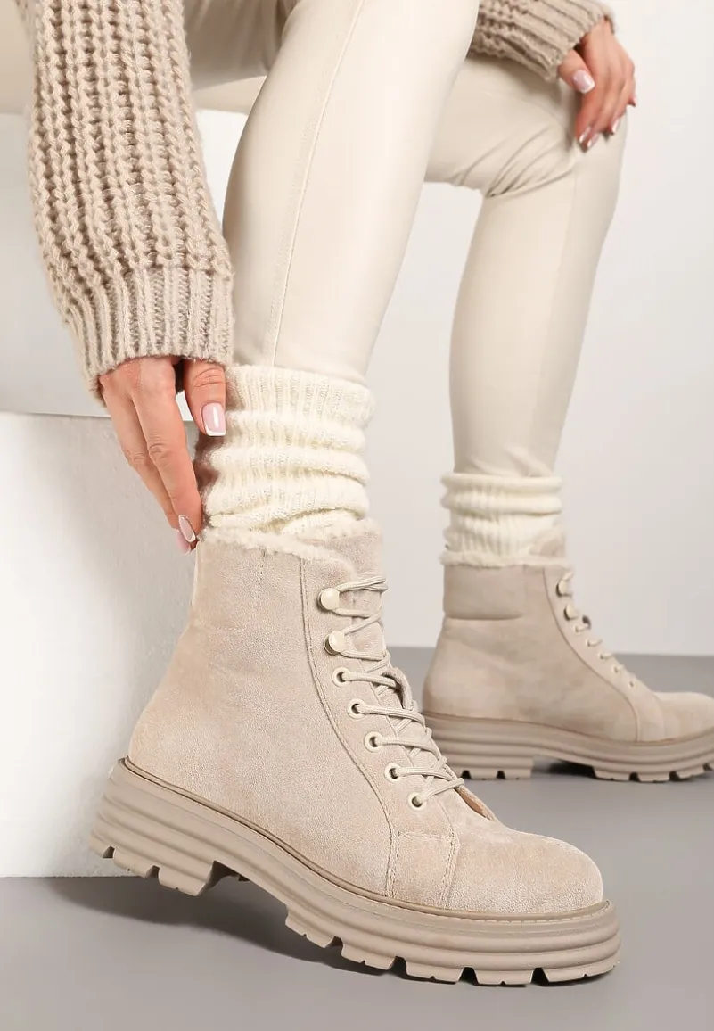 Beżowe Traperki na Grubej Podeszwie z Futerkowym Zdobieniem Narinora