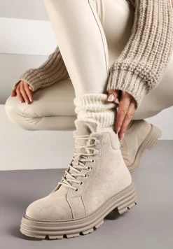 Beżowe Traperki na Grubej Podeszwie z Futerkowym Zdobieniem Narinora