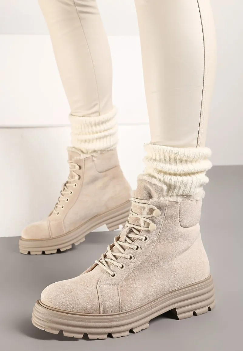 Beżowe Traperki na Grubej Podeszwie z Futerkowym Zdobieniem Narinora