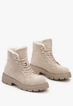 Beżowe Traperki na Grubej Podeszwie z Futerkowym Zdobieniem Narinora