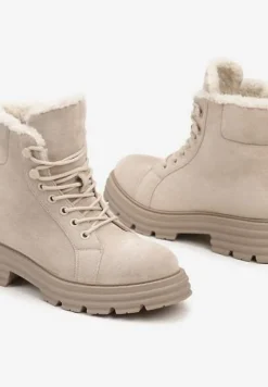 Beżowe Traperki na Grubej Podeszwie z Futerkowym Zdobieniem Narinora