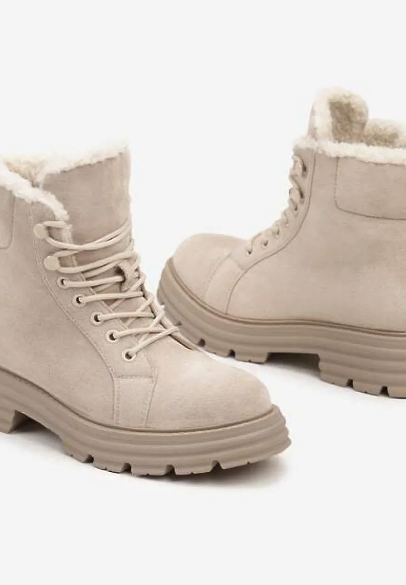 Beżowe Traperki na Grubej Podeszwie z Futerkowym Zdobieniem Narinora