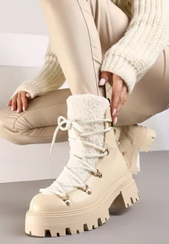 Beżowe Traperki na Grubej Podeszwie z Futerkowym Zdobieniem na Języku Tarantha