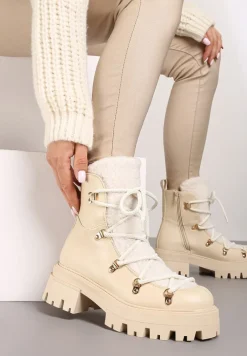 Beżowe Traperki na Grubej Podeszwie z Futerkowym Zdobieniem na Języku Tarantha