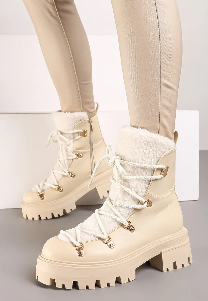 Beżowe Traperki na Grubej Podeszwie z Futerkowym Zdobieniem na Języku Tarantha