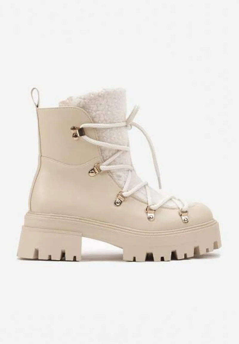 Beżowe Traperki na Grubej Podeszwie z Futerkowym Zdobieniem na Języku Tarantha