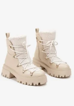 Beżowe Traperki na Grubej Podeszwie z Futerkowym Zdobieniem na Języku Tarantha