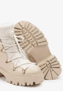 Beżowe Traperki na Grubej Podeszwie z Futerkowym Zdobieniem na Języku Tarantha