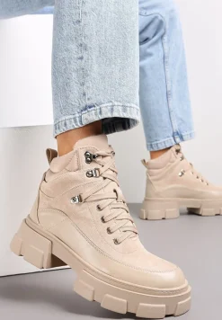 Beżowe Traperki na Masywnej Podeszwie w Stylu Workerów Vodre