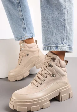 Beżowe Traperki na Masywnej Podeszwie w Stylu Workerów Vodre