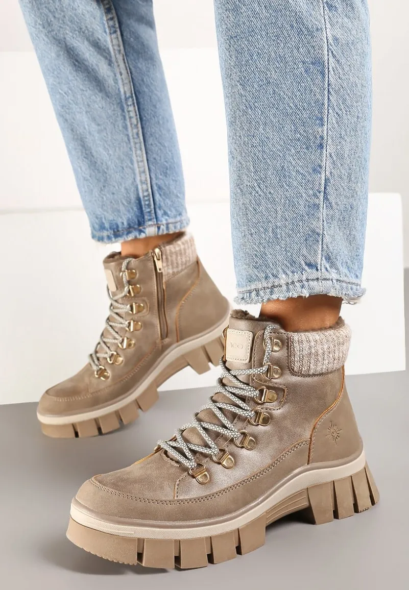 Beżowe Traperki na Platformie z Tłoczeniem i Sznurowaniem Neaniella