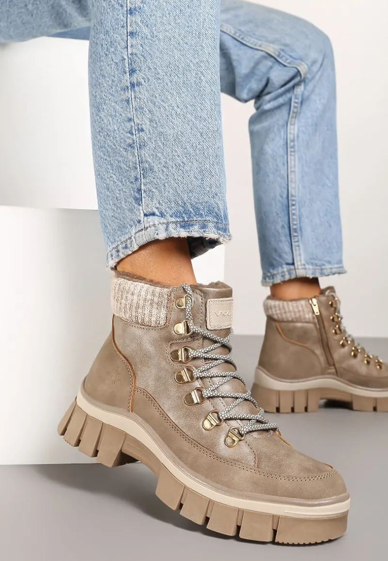 Beżowe Traperki na Platformie z Tłoczeniem i Sznurowaniem Neaniella