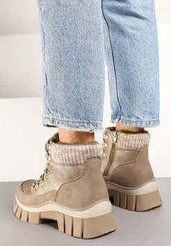 Beżowe Traperki na Platformie z Tłoczeniem i Sznurowaniem Neaniella